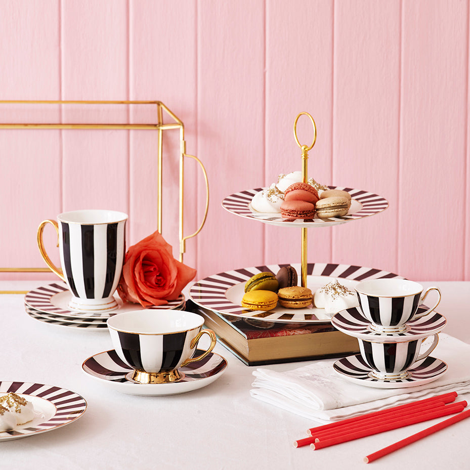 Bombay Duck Stripy Black White and Gold Tea for One Set