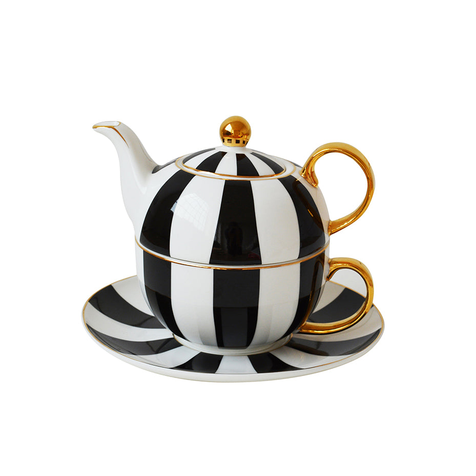 Bombay Duck Stripy Black White and Gold Mini Tea Cup and Saucer
